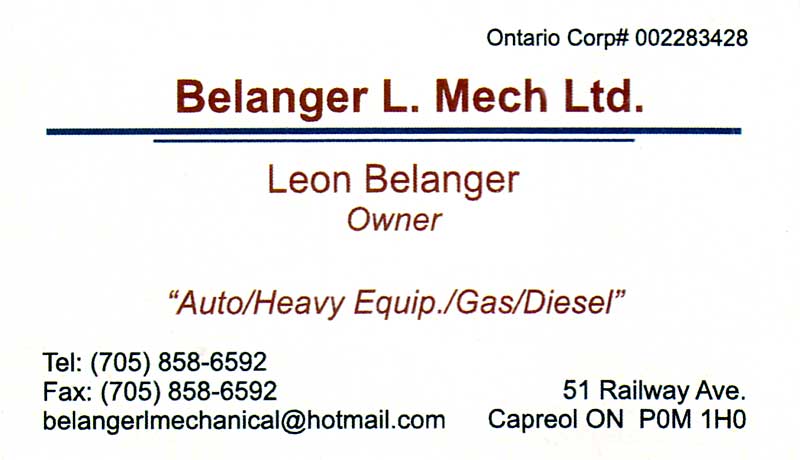 Belanger L Mech Ltd Automotive Repair in Capreol Greater Sudbury Business Card